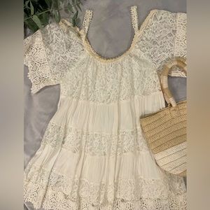 Boho Style Mini Dress | Off White Lace/Solid Pattern | Lined | Shoulder Cutout